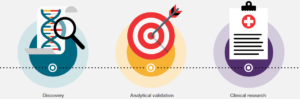 Infographic of the cancer biomarker pipeline: discovery, analytical validation, and clinical research.